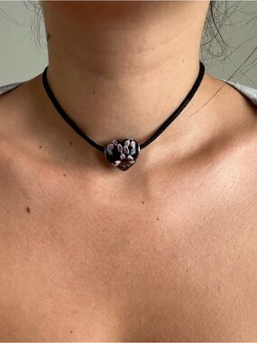 Free People Sinatra Choker in Black Floral Bohemian Glass Pendant Necklace